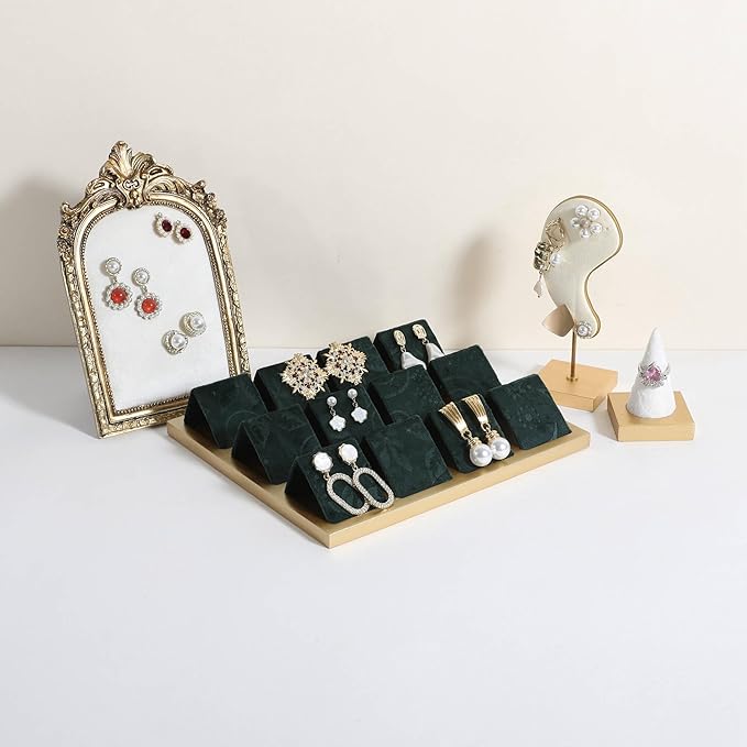GemeShou Golden coated earring display stand for selling, velvet stud earring holder for jewelry display, Jewlery earring storage organizer tray, studs holder jewelry organizer【Earring holder-Green】