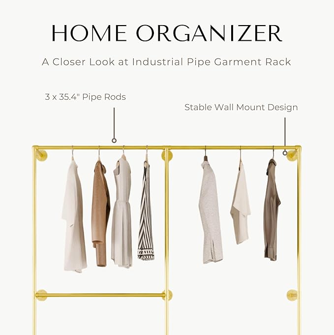 Industrial Pipe Clothing Rack, Heavy Duty Wall Mounted Clothes Rack,Retail Display Hanging Garment Rod for Laundry Rooms, Closet Storage, 14.6x75x82.7 Inches, Model K08 Gold