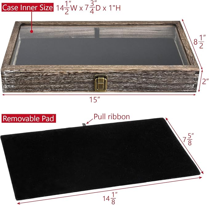 MOOCA Wooden Jewelry Display Case Tempered Glass Top Lid, Gemstone Display Case with Metal Clasp and Removable Black Luxurious MDF Velvet Jewelry Pad, Coffee Color