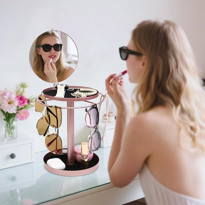360° Rotating Sunglasses Organizer With Mirror, Metal Glasses Holder Stand, Sunglass Storage Display Eyewear Eyeglasses Rack with Tray for Desk Nightstand Dresser Table Countertop Bedroom, Rose Gold