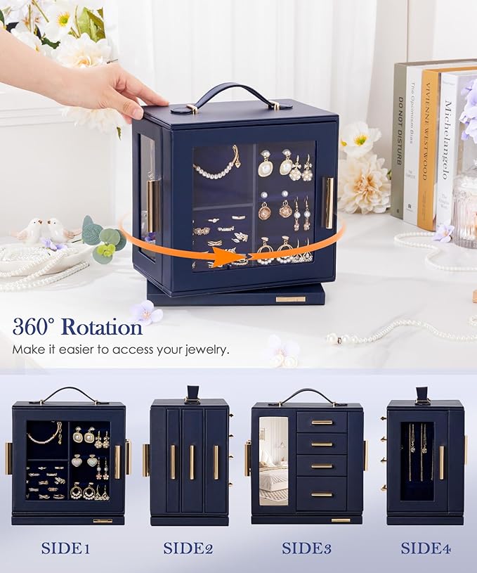 Homde Christmas Gifts Jewelry Box 360° Rotating, Necklace Earring Organizer with Transparent Window, Mirror, 7 Drawers, Large Ring Display Storage Case for Girls Women (Dark Blue)