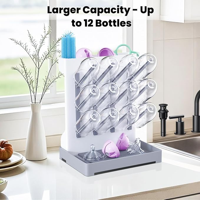 Baby Bottle Drying Rack: Vertical Space Saving Large Bottles Holder - Standing Boon Dryer Rack Baby Accessory - Countertop Holds Up to 12 Bottles & Pump Part Cleaning & Cup (Blue) (Gray)