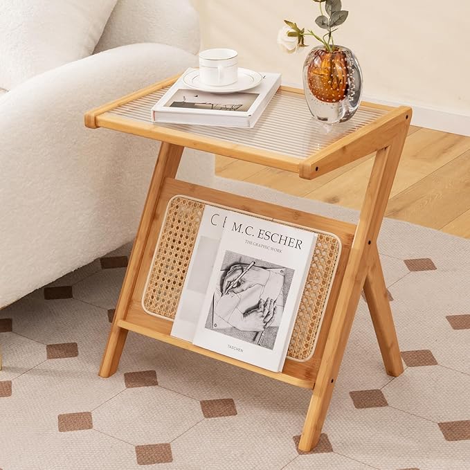 Giantex Rattan Side Table, Boho Nightstand with Glass Top & Magazine Rack, End Table with Storage, Bamboo Bedside Table for Small Space Living Room Bedroom (Natural,1)