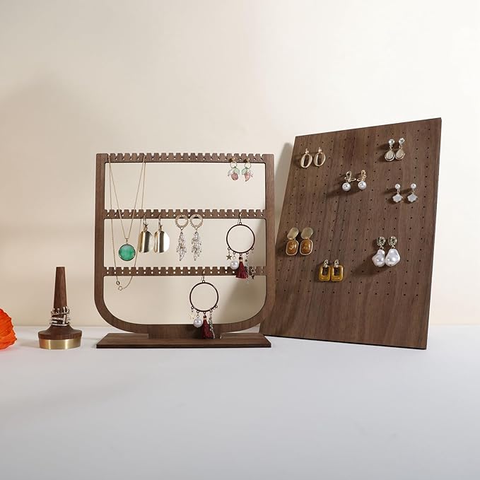 GemeShou wooden hanging jewelry organizer, walnut jewelry display holder for selling, dangle necklace storage shelf, 3 tier earring display stands for selling【Jewelry shelf-3 tier】
