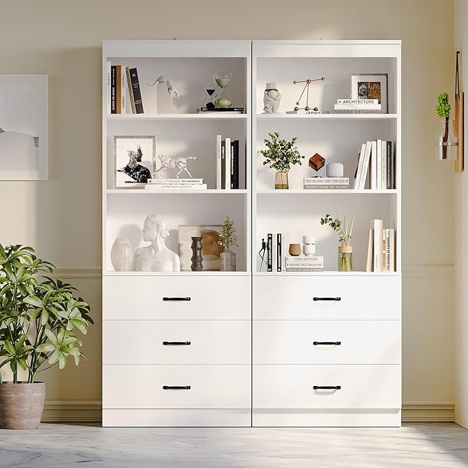 oneinmil 70" H 6-Tier Bookshelf with 3 Drawers, White Bookcase with 3-Tier Open Shelves, Tall Book Shelf with Storage Space, Wooden Storage Cabinet for Living Room, Bedroom, Office (White, 6-Tier)
