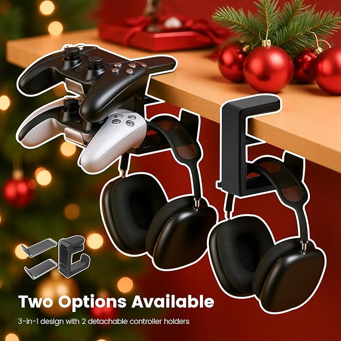 3 in 1 Rotating Headphone Stand for Gamer - EURPMASK [Xmas Gift Set] Headset Stand 2 Detachable Controller Holders,Clamp-on Headphone Holder Christmas Greeting Card,Bag,Box, Stocking Stuffer for Gamer