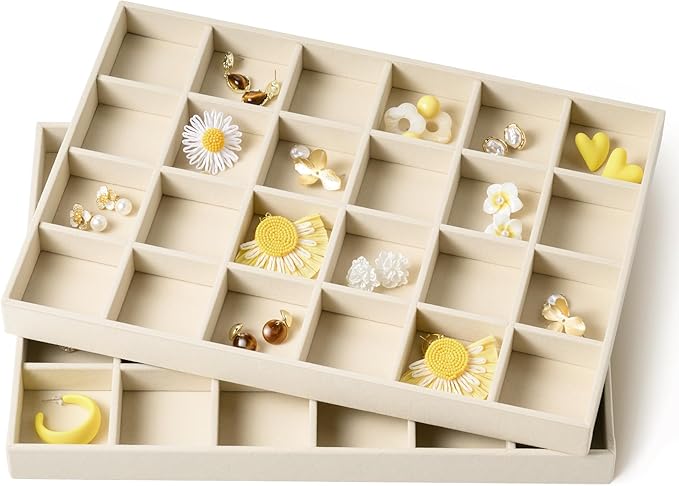 pickpiff Drawer Jewelry Organizer & Display Trays: 2pcs 24grid Velvet Stackable Jewelry Case (13.8x9.4x1.2inch) - Soft Beige Ring Storage Bracelet Holder Earring Box