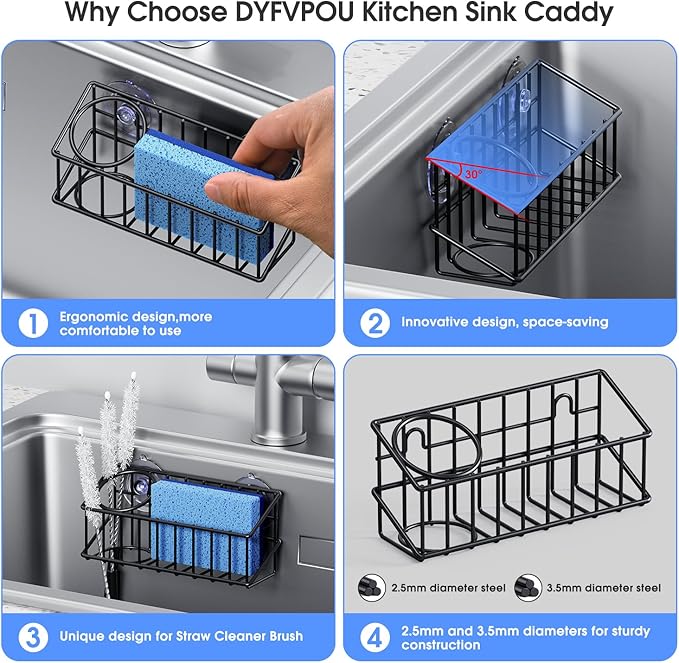 Kitchen Sink Organizer, Strong Adhesive Mount Detachable Sponge Holder for Kitchen & Bathroom Sink with Extra Suction Cups, Holds Sponges, Dish Brushes, Scrubbing Pads