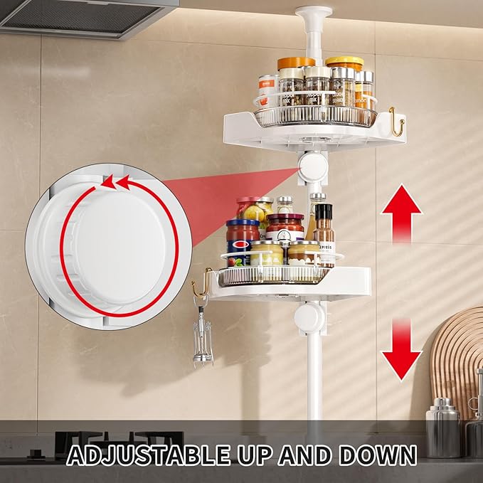 Standing Spice Rack Organizer, Counter Corner Double Tier Lazy Susan, Height Adjustable 360 Rotating Storage Rack with Hooks for Kitchen & Bathroom Corners (White)