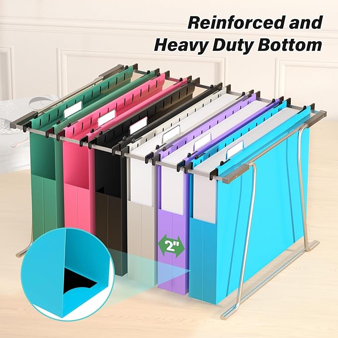 Ansook Extra Capacity Plastic Hanging File Folders Letter Size,Heavy Duty 2" Expanding Accordian Pocket with Black Insert Gasket, Filing Cabinet Folders,6 Pack Colored File Hanging Folders Organizer