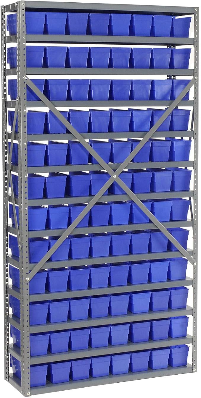Global Industrial 13 Shelf Steel Shelving with (96) 4" H Plastic Shelf Bins, Blue, 36x12x72