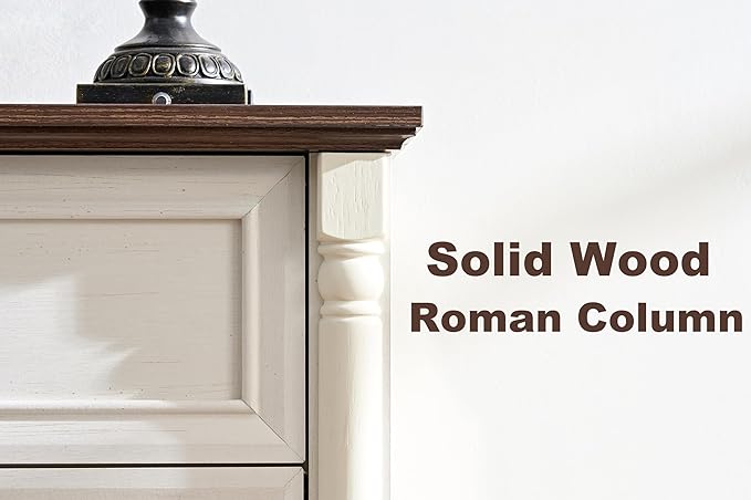 Farmhouse 5 Drawer Dresser with Roman Column Design, 36" Tall Chest of Drawers, Wood Storgae Cabinet Organizer for Bedroom, Hallway, Antique White