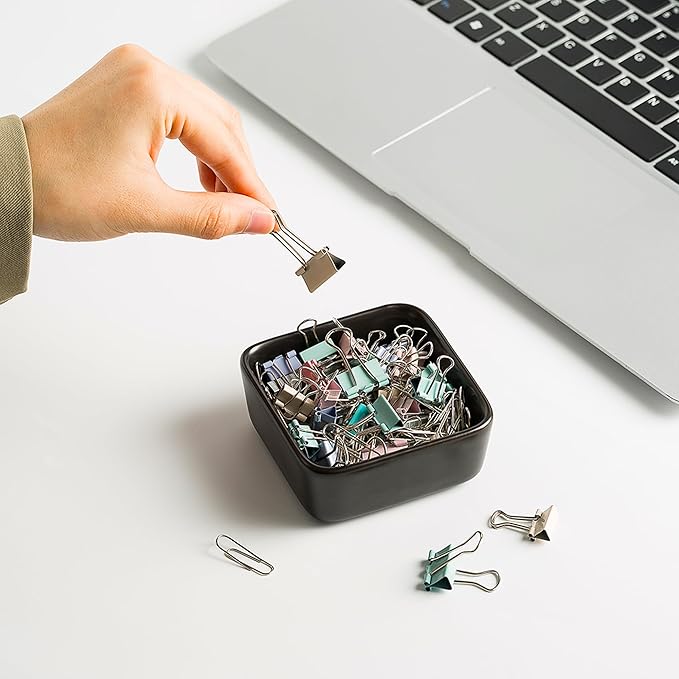Ceramic Paper Clip Holder for Desk Cute Binder Holder Paperclip Holders for Office Paper Clips Dispenser Organizer desk décor (black)