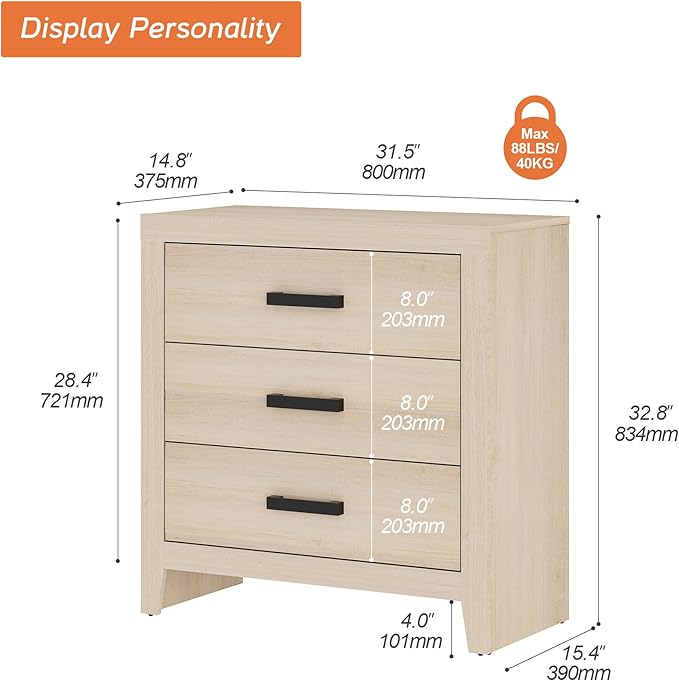 WAMPAT Farmhouse 3 Drawer Nightstand Set of 2, Large Wood Bedside Tables, 32" Wide End Tables with Storage for Living Room, Bedroom, Hallway, Beige