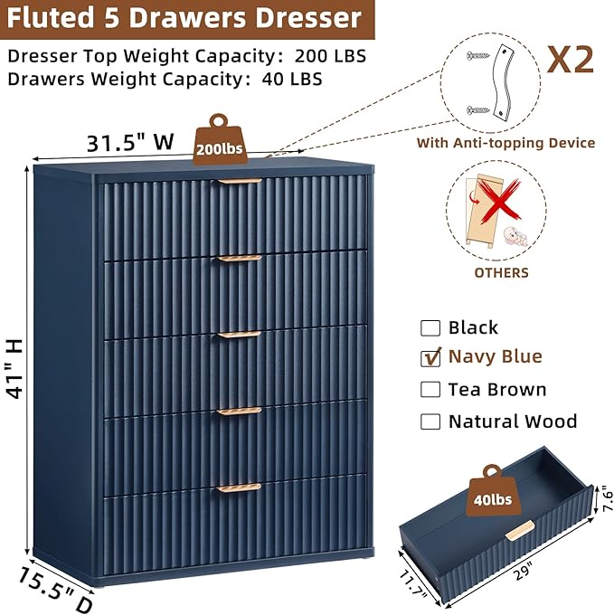 LEYAOYAO Fluted 5 Drawers Dresser for Bedroom Set of 2, 41" Tall Modern Chest of Drawers with Metal Handle, Curved Profile Design,Blue Wood Drawer Organizer for Bedroom, Living Room, Hallway