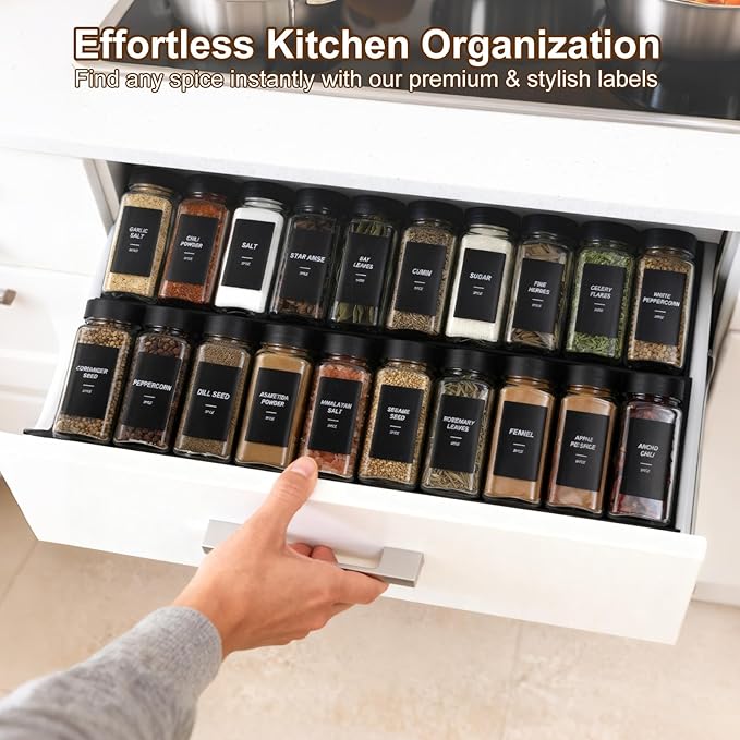 36Pcs Spice Jars Containers with Labels，4oz Black Seasoning Bottles with Shaker Lids for Rack, Cabinet, Drawer,Empty Square Condiment Pots (36, Black)