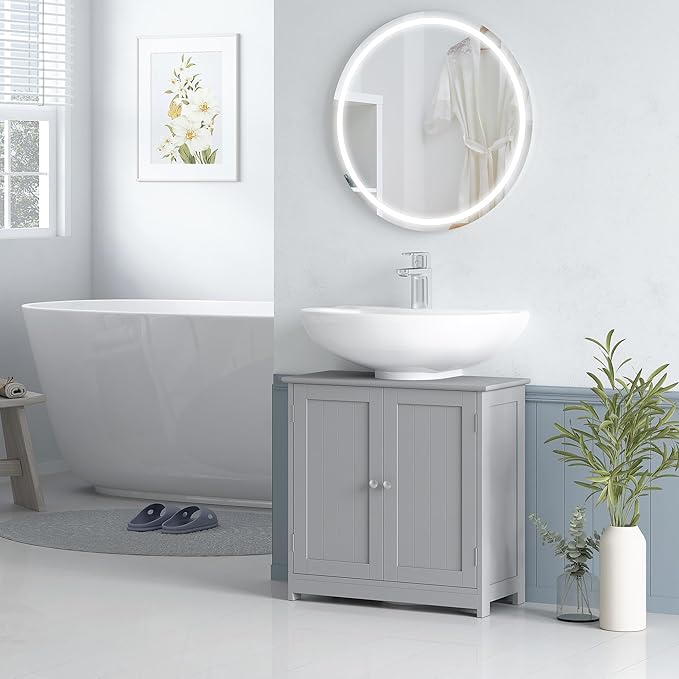 kleankin 23.5" Pedestal Sink Storage Cabinet, Freestanding Bathroom Under Sink Cabinet with U-Shape Cut-Out and Adjustable Shelf, Gray
