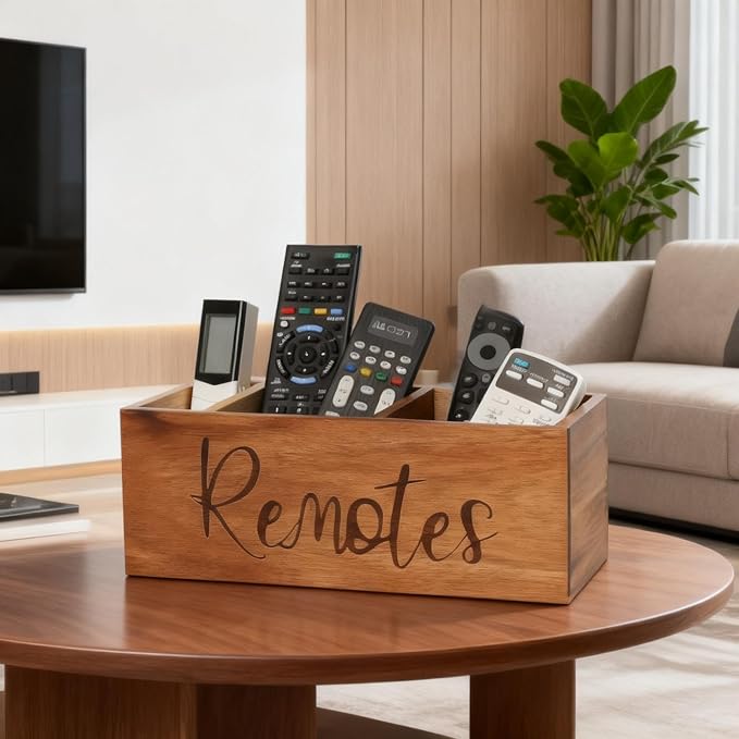 Remote Control Holder Caddy, Acacia Wood TV Remote Holder, Remote Organizer for Table, Vintage Farmhouse Desk Caddy (Brown-for 5+ Remote Controls)