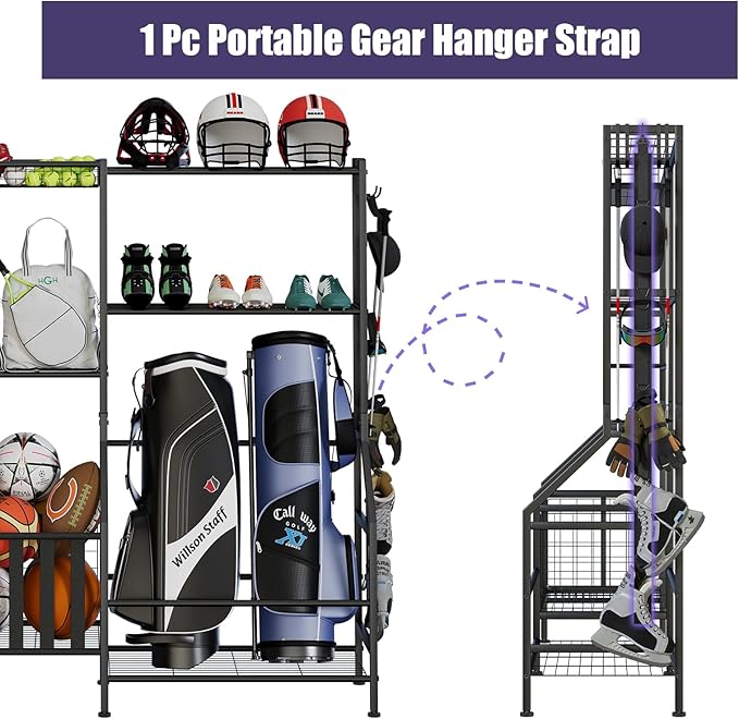 Sports Equipment Organizer, Heavy Duty Golf Bags Stand, Extra Large Ball Storage Rack for Garage