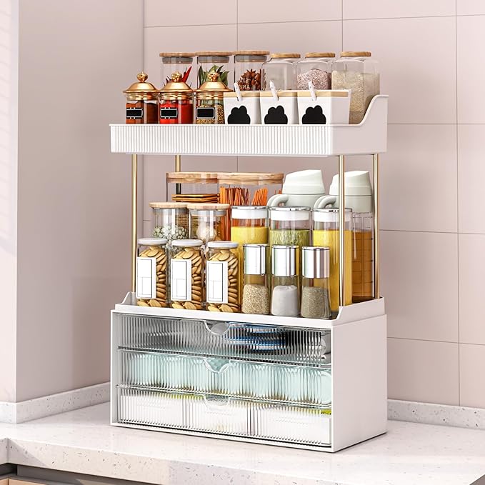 5 Tiers Bathroom Counter Organizer - 3 Drawers Makeup Organizer, Cosmetic Storage Drawer for Dresser Countertop and Bathroom Vanity for Large Skincare, Perfume, Clear