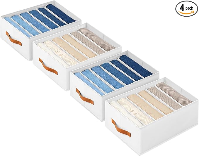 Closet Organizers and Storage - Fabric Clothes Organizer with Handles, Foldable Jeans Organizer for Clothes, Drawer Organizer for Shirts, Bra, Sweater, Scarf, 4 Pack, White