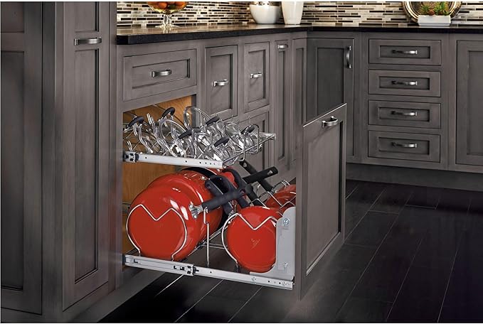 Rev-A-Shelf 2-Tier Kitchen Cabinet Pullout 20.75" Cabinet Organizer for Pots, Pans, and Lid Cookware, Adjustable Heavy Duty Wire, Chrome, 5CW2-2122-CR