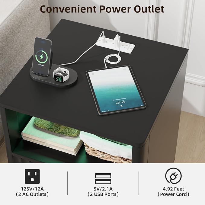 VOWNER Fluted Nightstand with Charging Station, 18” RGB Night Stand with 2 Drawers, End Table with Storage Shelf, Curved Profile Design Side Table, Bedside Table for Bedroom Living Room, Black