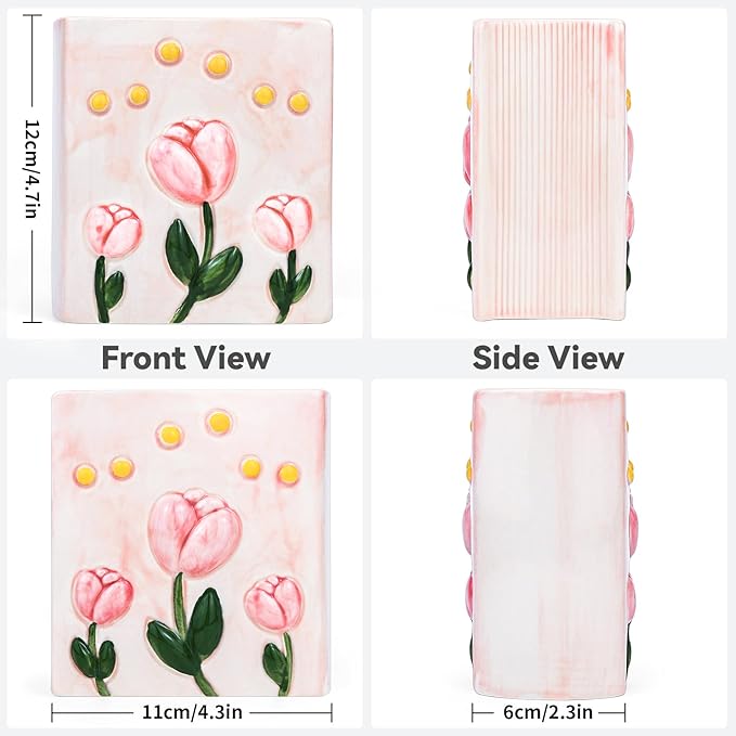 Book Vase Tulip Pencil Cup Pen Holder For Office Desk Decorative Books Pink Flower Vase Cute Toothbrush Holders Home Decor Teacher Book Gifts for Women Small Makeup Brushes Holder