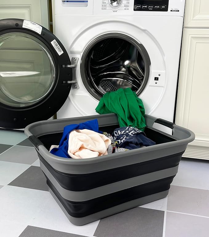SAMMART 42L (11 Gallon) Collapsible Plastic Laundry Basket - Foldable Pop Up Storage Container/Organizer - Portable Washing Tub - Space Saving Hamper/Basket (1, Grey/Black)
