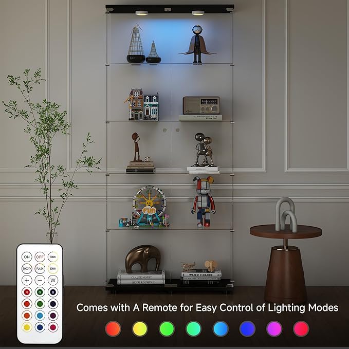 5-Tier Tempered Glass Display Cabinet with Lights, Curio Cabinet with Glass Doors and Lock, Glass Display Case for Collectibles, for Living Room Bedroom Office, Double Door, Black
