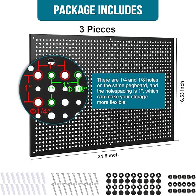 Peg Board,3 Pack 16-Inch X 24-Inch Heavy Duty Metal Peg Board Tool Organization Panels,Ideal for Storage Solutions in Garages, Workbenches, Workshops, Kitchens, and Other Iocations(Black)