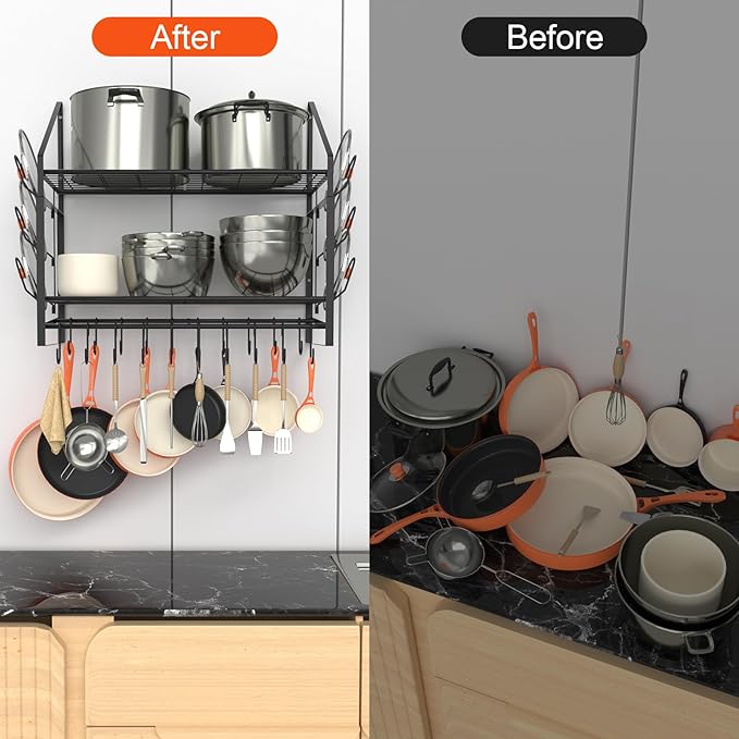 28 Inch Pot Rack Wall Mounted, 2 Tier Pots and Pans Organizer with 20 Hooks and 6 Pot Lid Holders, Heavy Duty Steel Pot and Pan Hanger for Kitchen Cookware Utensils Storage 34.7" Lx13 Wx26.4 H