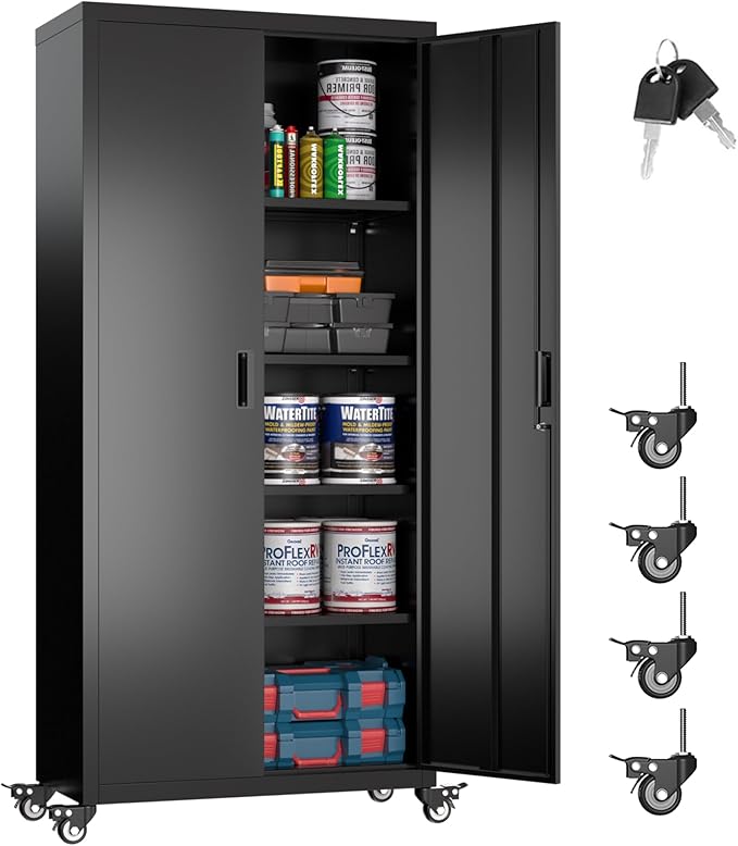 Aobabo 73" H Metal Storage Cabinet with Wheels for Garage, Rolling Tool Cabinet with 4 Shelves, for Home Office, Black, Assembly Required