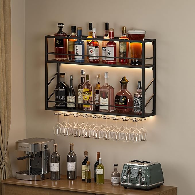 Wall Mounted Wine Rack with Glass Holder，Stylish Mini Floating Bar Shelves for Liquor Bottle Display in Dining Room, Kitchen, Living Room (47.2”W x 26”H x 7.8”D)