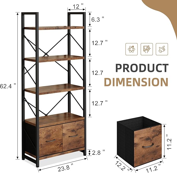 Vongrasig 5 Tier Bookshelf with 2 Drawers, Industrial Tall Bookcase, Modern Display Bookshelves Wood and Metal Shelf, Free Standing Storage Organizer for Office, Living Room, Brown