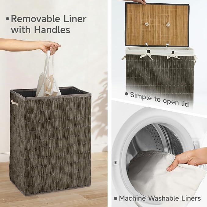 Laundry Hamper with Lid, 52.8 Gallon(200L) Large Laundry Basket 2 Removable Liner Bags, Synthetic Rattan Clothes Hamper with Side Pocket, laundry organization for bathroom, laundry room, Grey