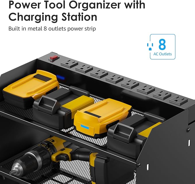 CCCEI Modular Power Tool Organizer Wall Mount Charging Station, Black 6 Drills Holder with 8 Plug Power Strip, Garage Drill Battery Heavy Duty Metal Shelf, Utility Rack with Hooks, Side Storage.