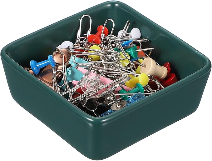 PATIKIL Square Paper Clip Holders, Ceramic Bowl Dish Clip Dispenser Organizer Desk Organizer Accessories for Office Desktop Decor Bobby Pin Binder Paper Clamp, Dark Green