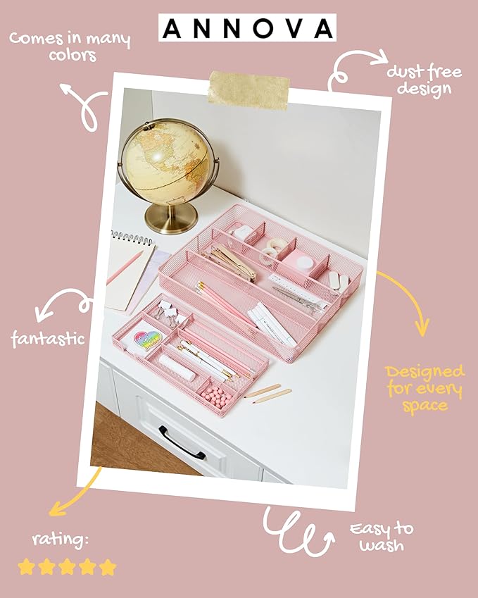 Annova Desk Top Organizer Tray for Office Organization - Metal Mesh - Storage Tray with Dividers for Pens, Desktop Accessories, Bathroom, Kitchen, Makeup and Office Supplies (Large, Light Pink)