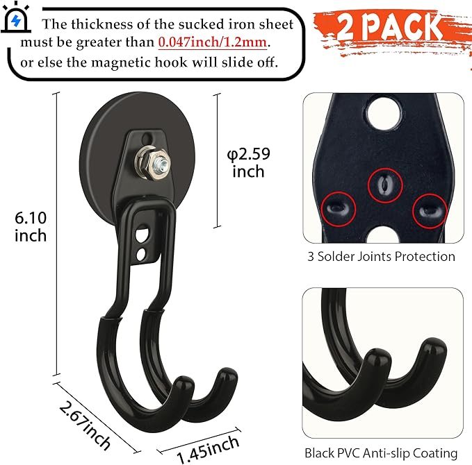 ULIBERMAGNET New Upgraded Garage Magnetic Hooks, 2 Pack Black Heavy Duty Large J Hooks with Magnet, Black Strong Anti-Slip Coating Magnet Hooks for Garden Tools, Ropes,Drill,Metal Cabinet,Pegboard