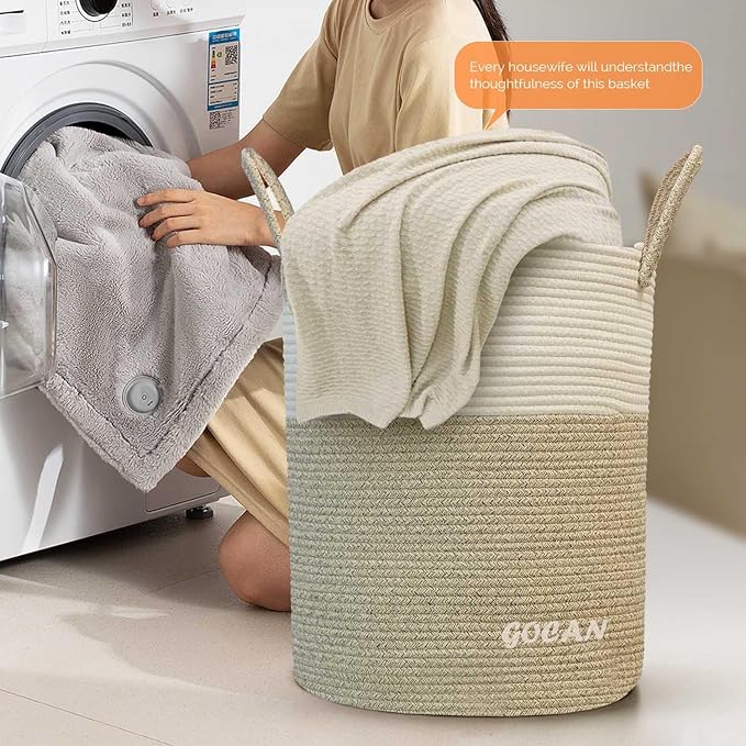 large tall sturdier Laundry Hamper Basket Woven Storage Baskets for clothes Pillows Blanket Toy in living or bed room decoration H50XD38cm borwn/beige