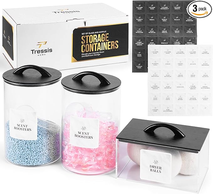 Laundry Pod Storage Container Set | Two 3L Glass Jars & One Acrylic Dryer Sheet Container with Bamboo Lids – Includes 2 Scoops, 60 Waterproof Laundry Labels – Dishwasher Safe