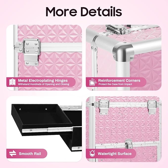 Rolling Makeup Train Case with Drawers, Portable Rolling Makeup Cart with Wheels, Pink Cosmetology Storage Cart with 6 Compartments for Makeup Artists, Hairdressers, Pet Groomers