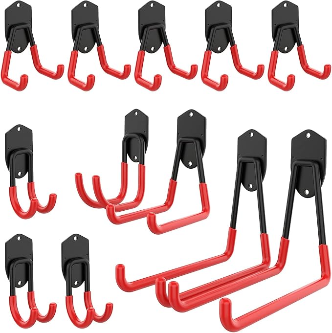 WALMANN 12 PCS Garage Storage System Hooks, Wall Mount Heavy Duty Rubber Coated Utility Hooks for Garden Tools, Ladders, Cords, Folding Chairs, Weed Eaters, Shovels and Rakes
