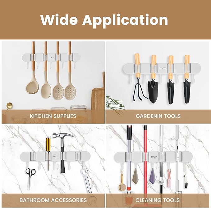 2Pcs Broom Holder Wall Mount, No-Drilling Self-Adhesive Mop and Broom Storage Rack with Hooks (4 Racks with 5 Hooks), Wall-Mounted Broom Hanger for Bathroom, Kitchen, Closet, Garage, White ﻿