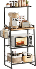 Bakers Rack with Foldable Basket, Large 4 Tiers Coffee Bar Station, Kitchen Microwave Stand with Storage, Metal Shelf Rack for Living Room, Office, Garage (Rustic Brown)