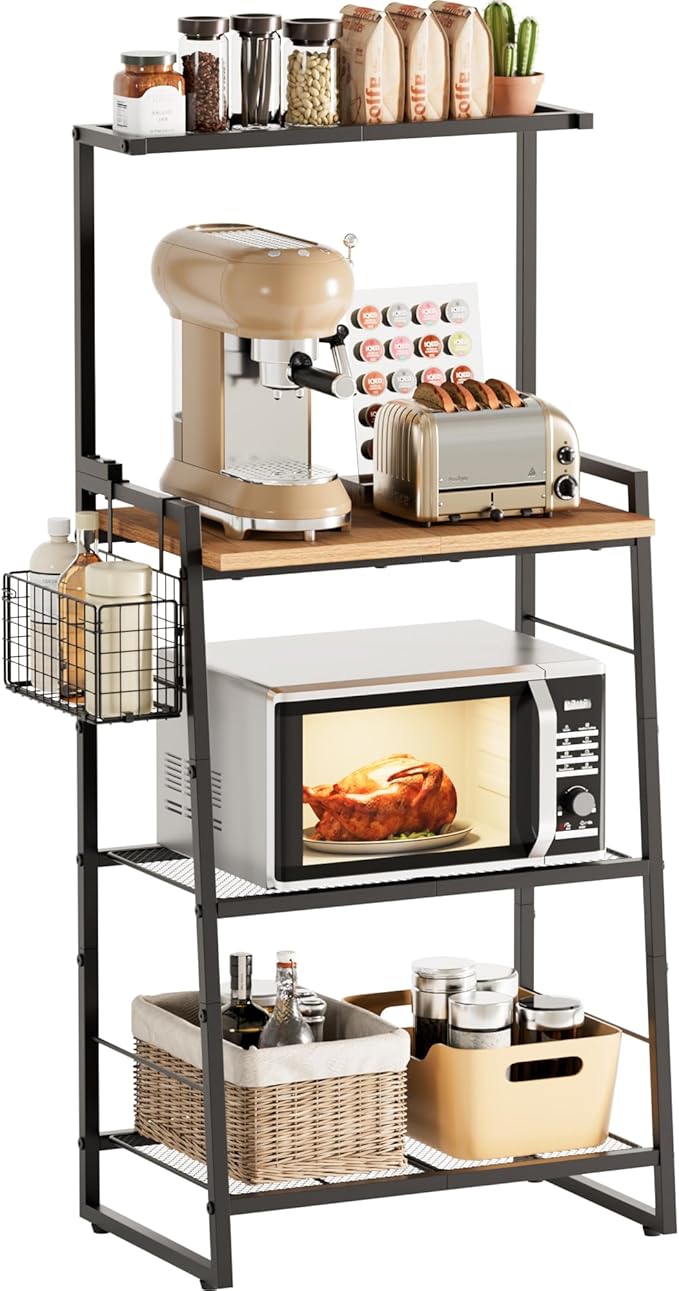 Bakers Rack with Foldable Basket, Large 4 Tiers Coffee Bar Station, Kitchen Microwave Stand with Storage, Metal Shelf Rack for Living Room, Office, Garage (Rustic Brown)