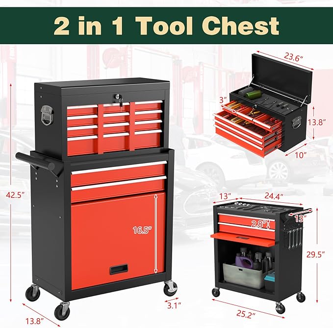 8-Drawer Heavy Duty Tool Chest with Wheels - Industrial Rolling Tool Box, Lockable Drawers & Smooth Glide System for Mechanics, Garage, Auto Repair Shop(BlackRed)