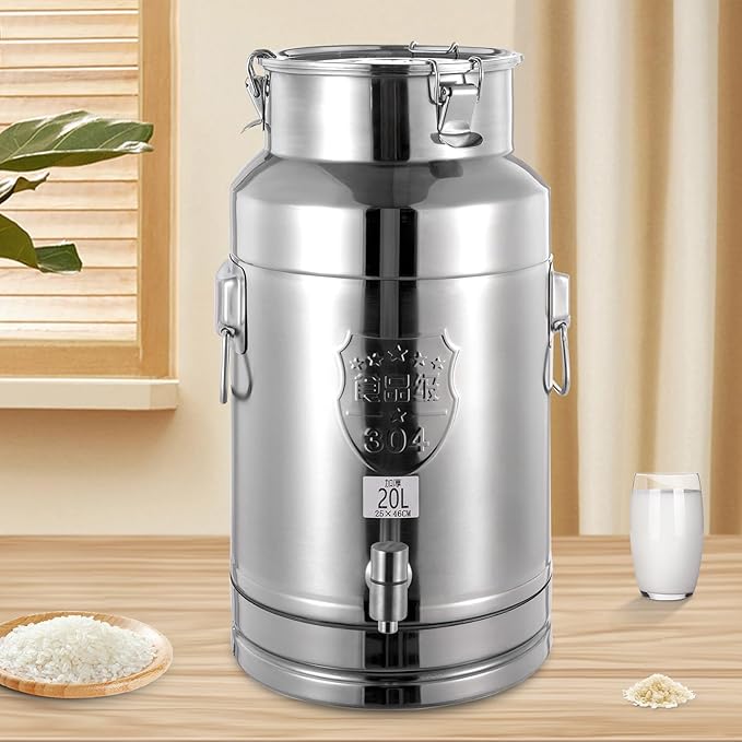 Milk Can Barrel Stainless Steel Beverage Drink Dispenser Large Capacity Storage Bucket Container with Faucet and Handles for Milk Coffee Wine Oil Rice Cereals Water (20L/5.28Gal)