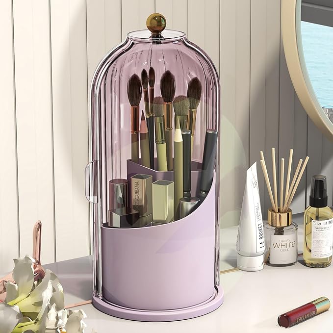 Makeup Brush Holder with Dustproof Cover 360 Rotating Makeup Brush Organizer for Vanity Bathroom, Pink